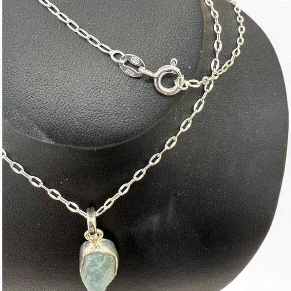 Natural Raw Aquamarine Pendant Necklace 925 Sterling Silver Handmade - Picture 7 of 8